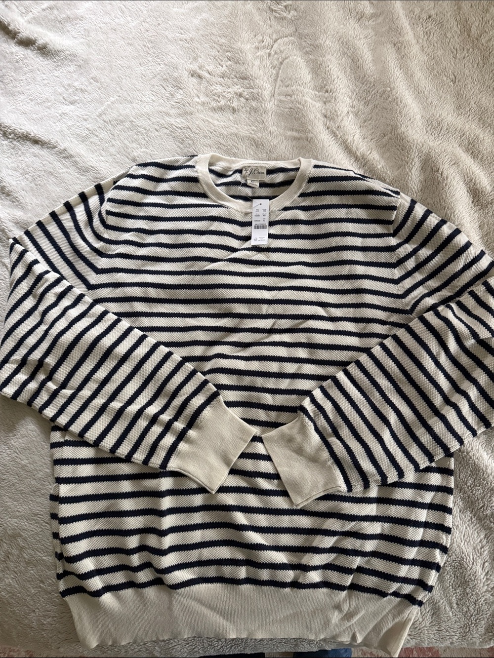 J. Crew Cream and Navy Striped Crewneck Sweater